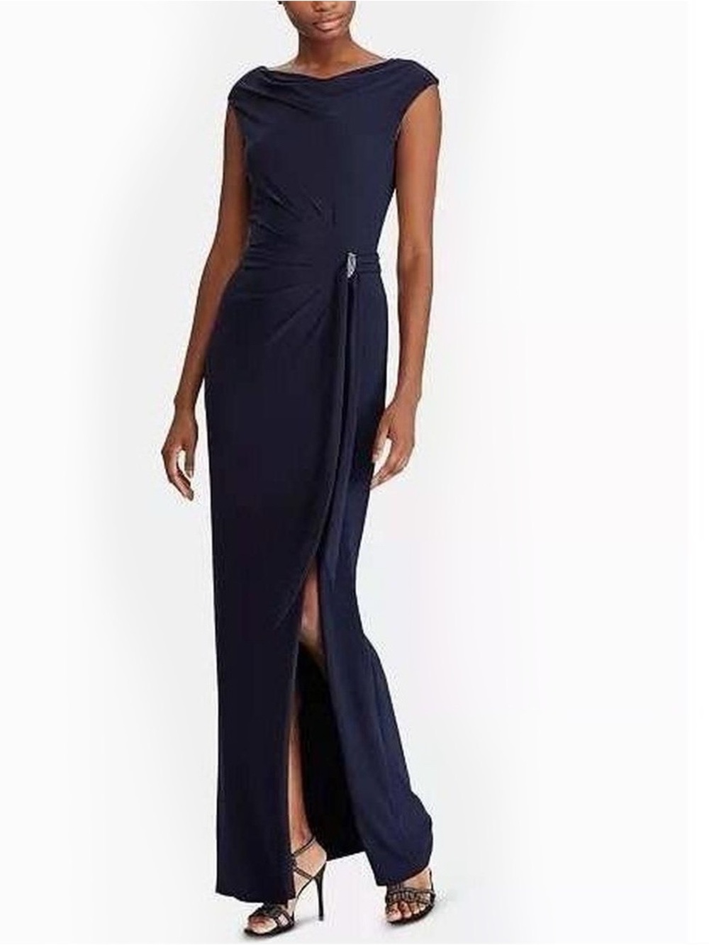 LAUREN RALPH LAUREN Navy Blue Evening Gown Maxi Dress Sleeveless Stretch Size 12